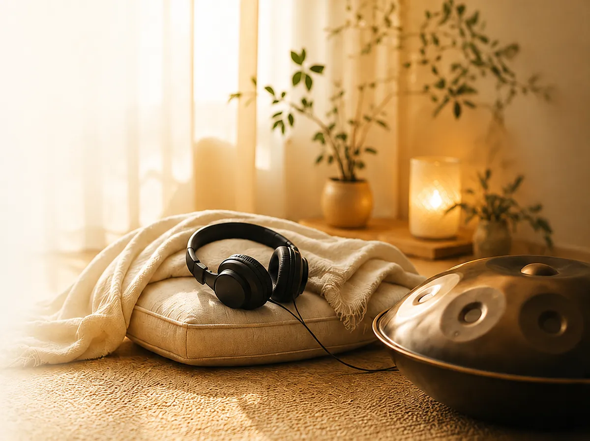 Un coussin, un plaid, un casque audio et un handpan dans une pièce baignée de lumière douce.