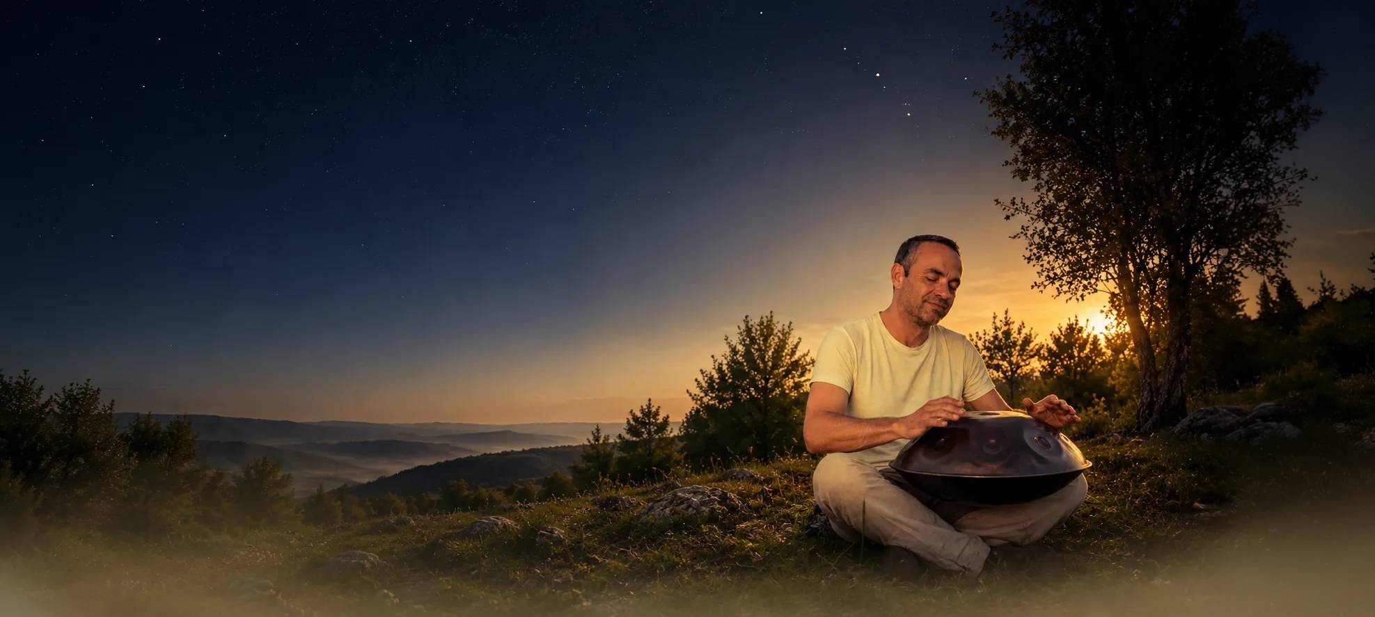 Stéphane Colle jouant du handpan au crépuscule, face à un paysage de collines.
