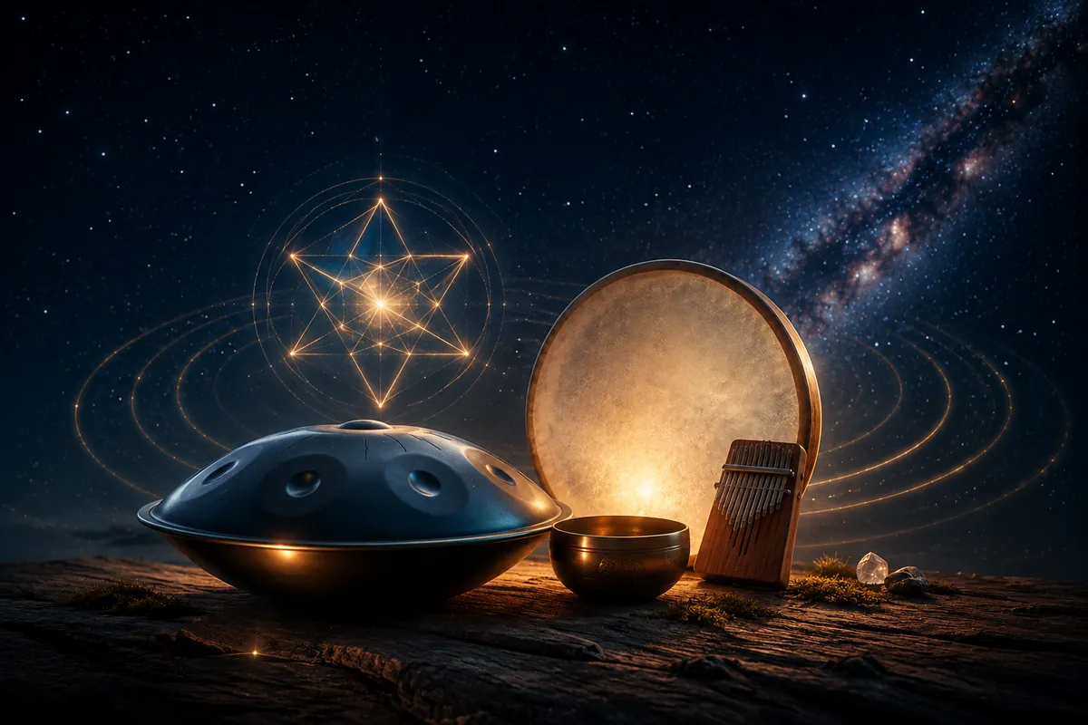Un handpan, un tambour, un bol chantant et une kalimba sous un ciel étoilé, avec une géométrie sacrée en arrière-plan.